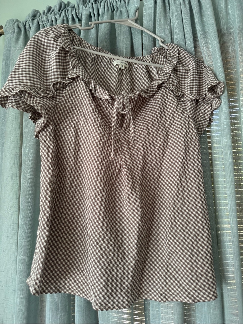 Max Studio Brown Gingham Ruffle Short Sleeve Peasant Top